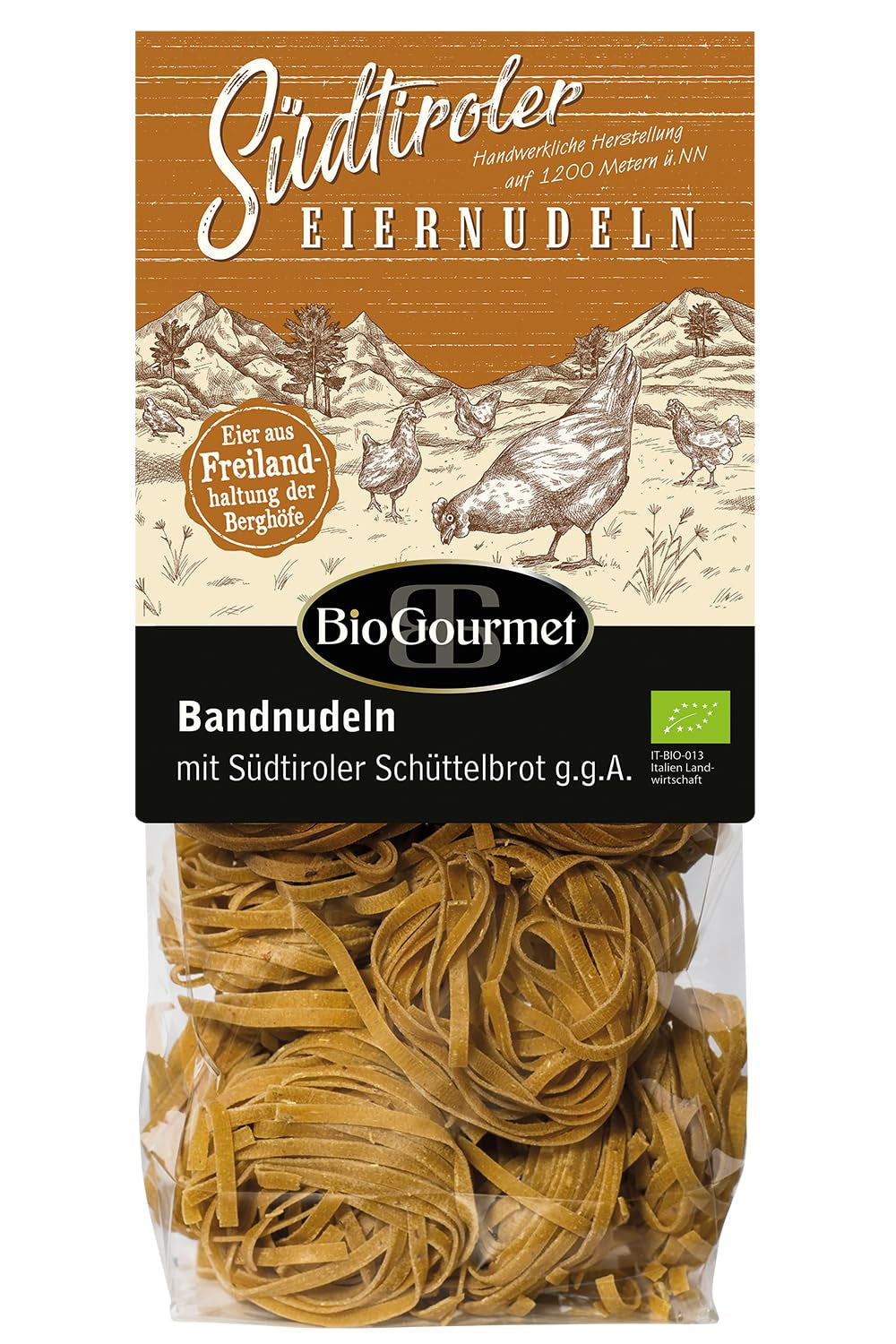 Makaron wstążkowy BioGourmet z Schüttelbrot z Południowego Tyrolu (ChOG) | Solony i aromatyzowany makaron jajeczny z prawdziwą drobinką z Południowego Tyrolu | 1 x 250 g Bio