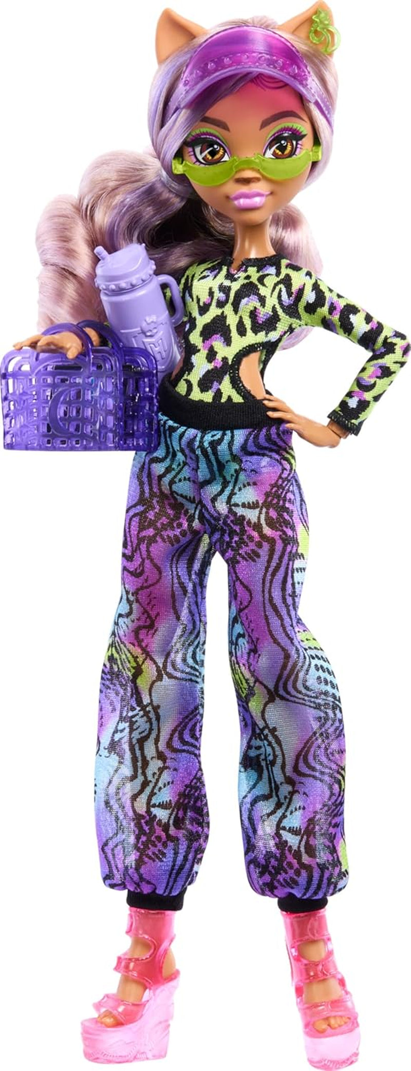 Lalka Monster High Scare Adise Island Clawdeen Wolf ze strojem kąpielowym, spodniami do biegania i akcesoriami plażowymi, takimi jak daszek, butelka wody i książka