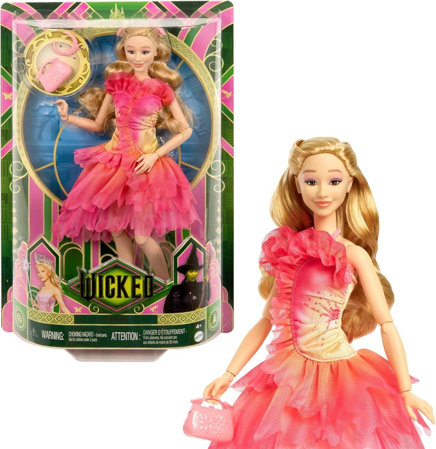 Mattel Wicked Glinda Fashion Doll i akcesoria z blond włosami, różnymi możliwymi pozami i odpinanym wyglądem sukni balowej, HXT63