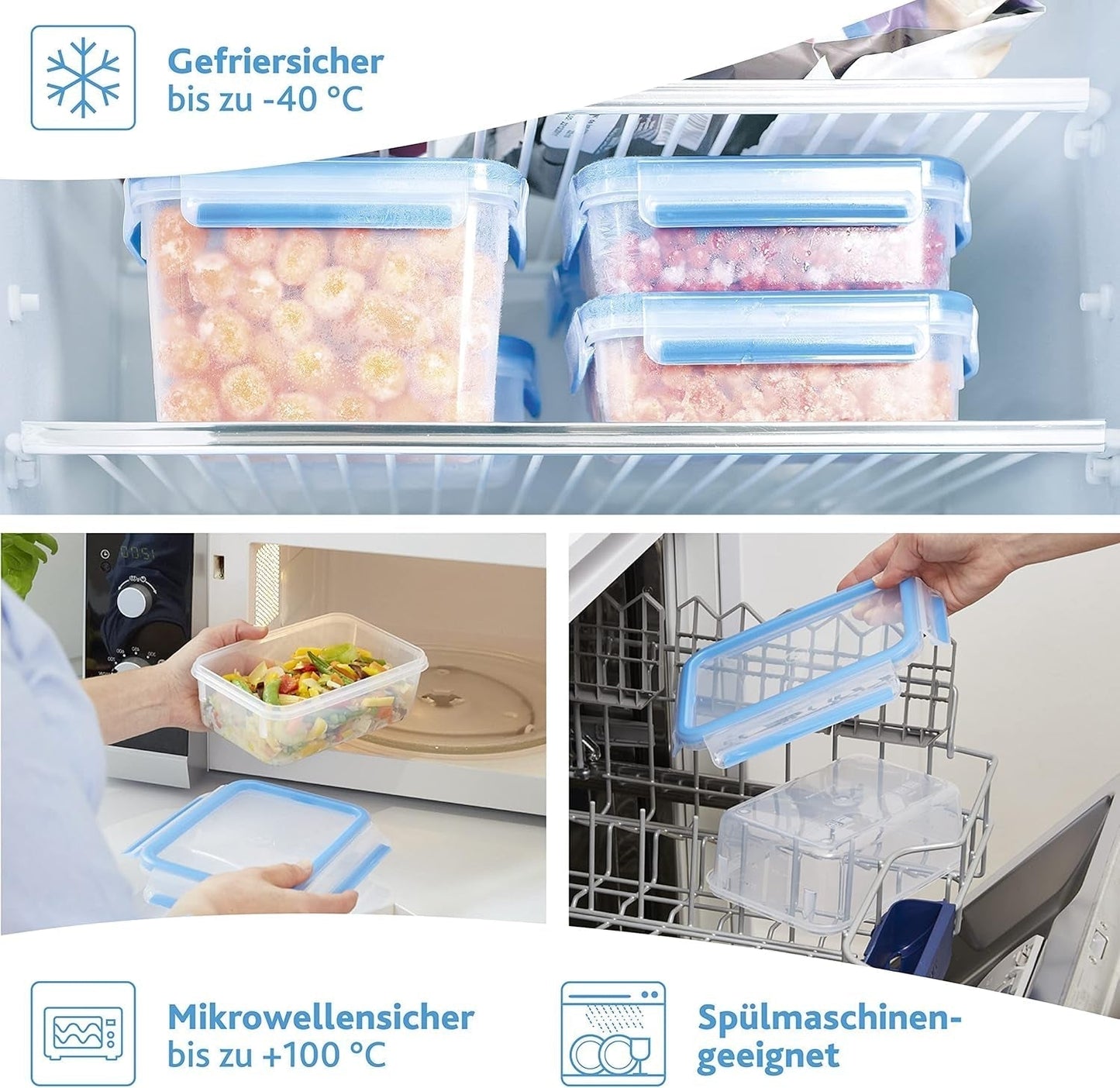 Emsa 515585 Klips do żywności i zamykanie | 3-częściowy zestaw | plastik | przezroczysty / zielony | Pudełka do przechowywania żywności Naty Shop o pojemności 0,55 / 1 / 2,2 litra