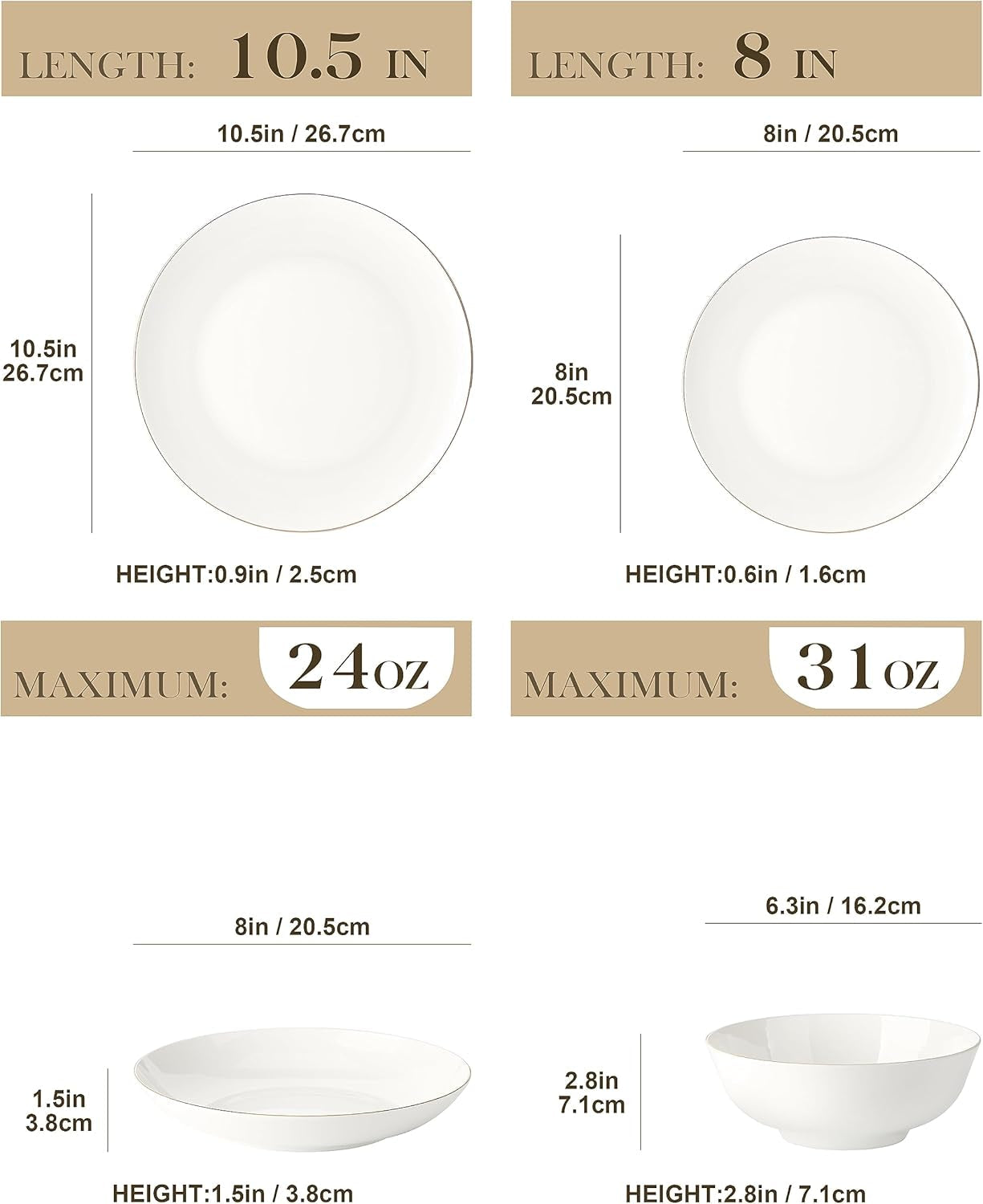 MALACASA 4-osobowy zestaw obiadowy Bone China 16-częściowy zestaw obiadowy Okrągły biały ze złotym brzegiem Zestaw 4 talerzy obiadowych 4 talerze deserowe 4 talerze Suma i 4 miski na płatki zbożowe Seria NORI