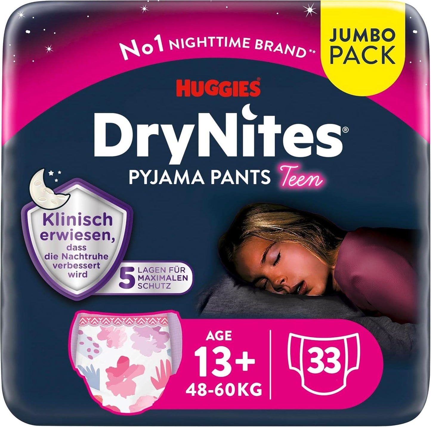 Huggies Drynites Nachtwindeln Bei Bettnässen, Für Mädchen Ab 13 Bis Ca. 17 Jahre (48-60 KG), 33 Stück (3X11), Jumbo-Monatspack, Pieluszki-Majtki XL Akcesoria Żywność i karmienie piersią Baby Naty Shop