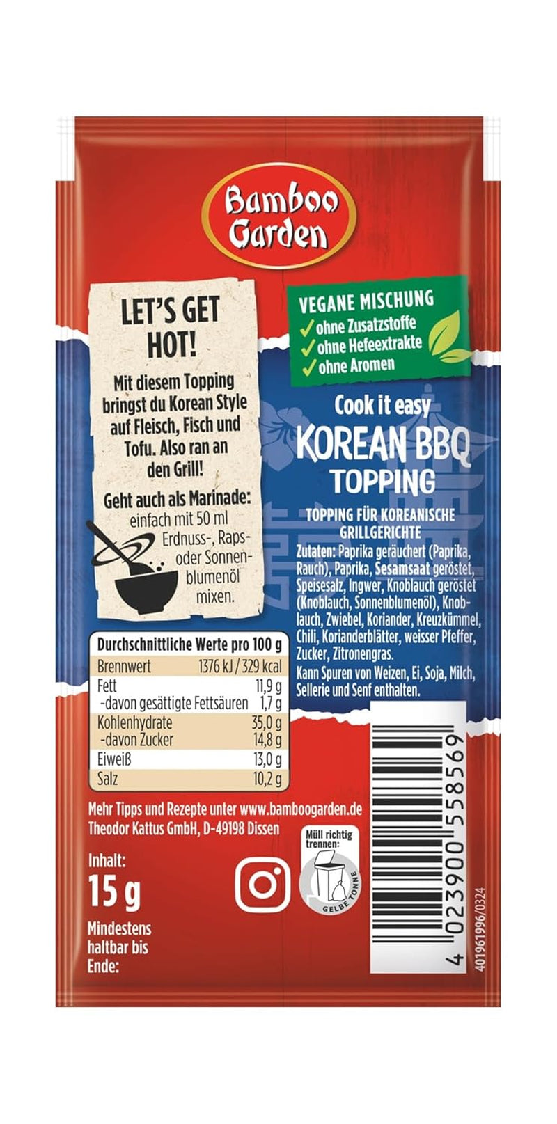 Ogród Bambusowy - Koreański Posypka Do Grilla | Gewürztopping zum Verfeinern von Koreanischen Grillgerichten | Wegańskie, naturalne składniki | 15 g w torebce