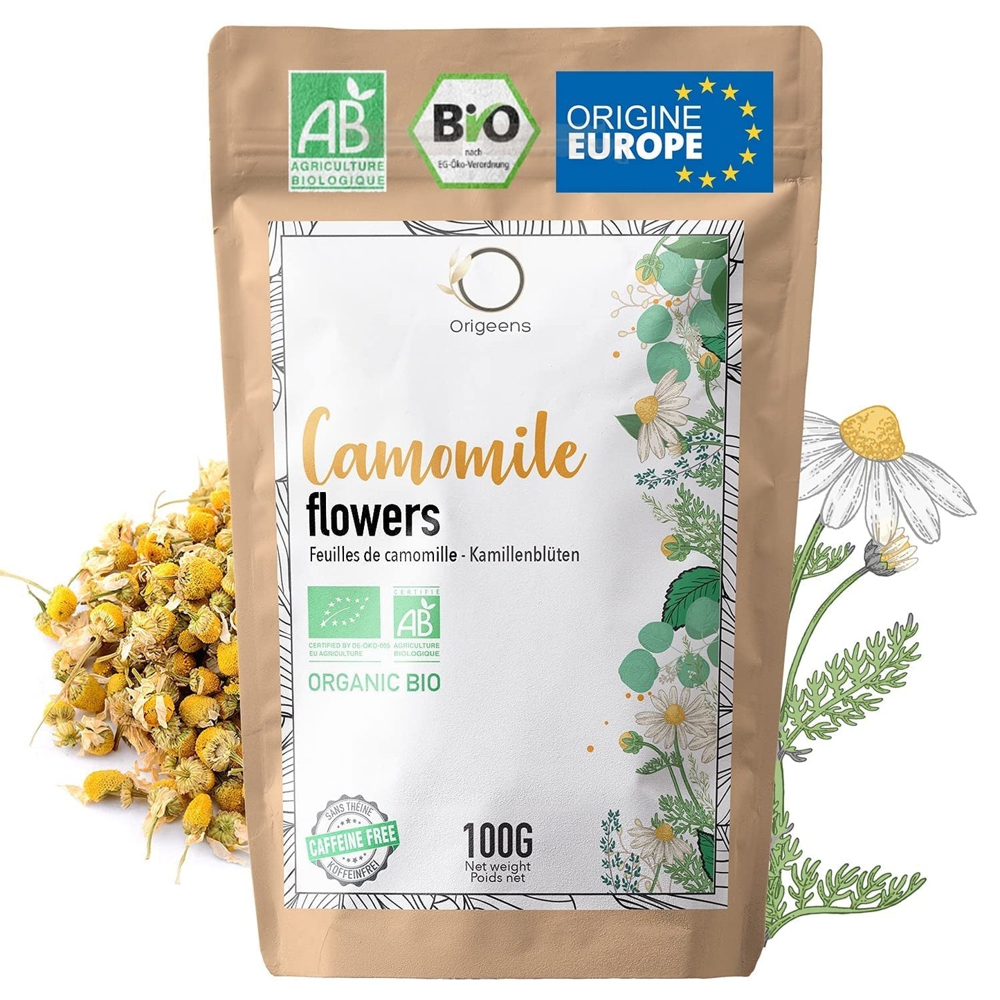 ORIGEENS Ekologiczna herbata kwiatowa z rumianku z Europy, 100 g | Herbata liściasta, organiczna herbata na sen i trawienie | Rumianek Niemiecki | Certyfikowane i pakowane w Niemczech