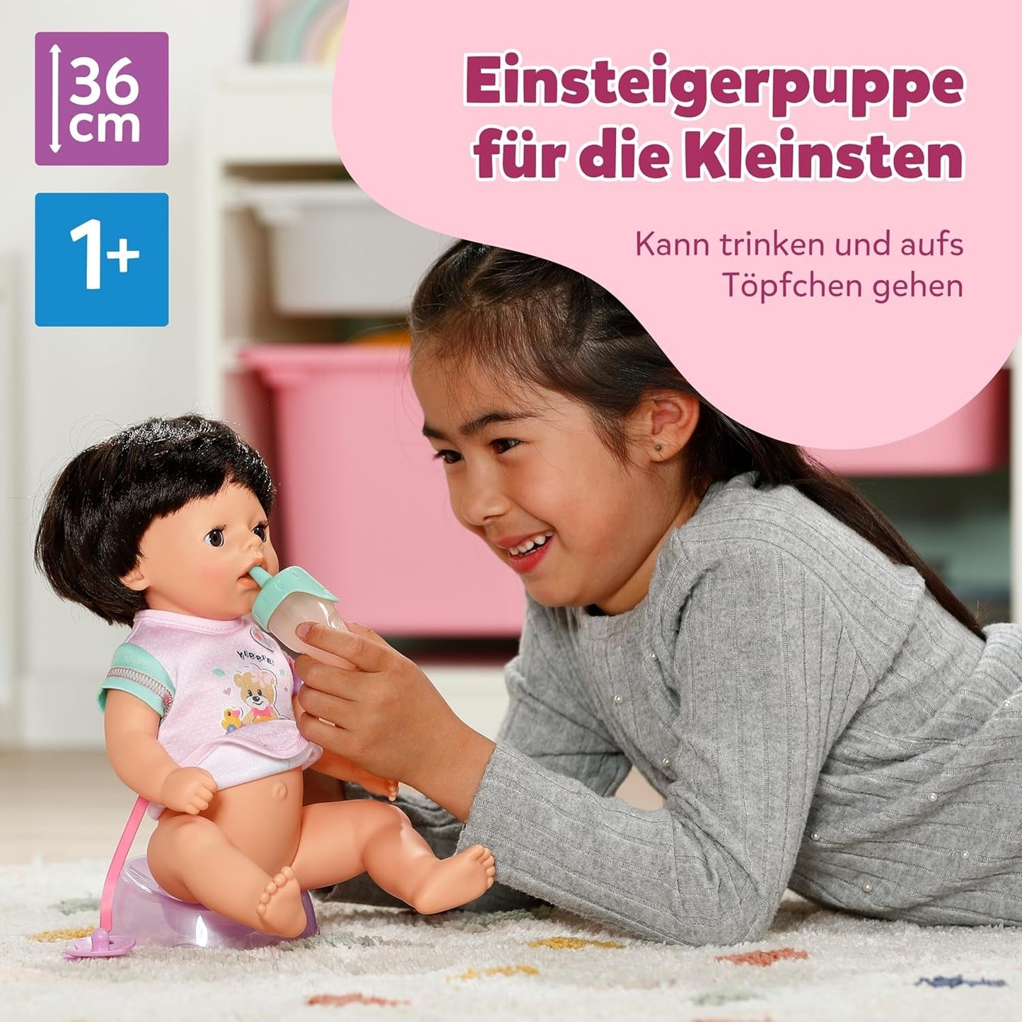 BABY Born Amy - Lalka 36 cm - Lalka bobas z 7 funkcjami dla maluchów od 1. roku życia - Działa bez baterii - Zawiera akcesoria i materacyk