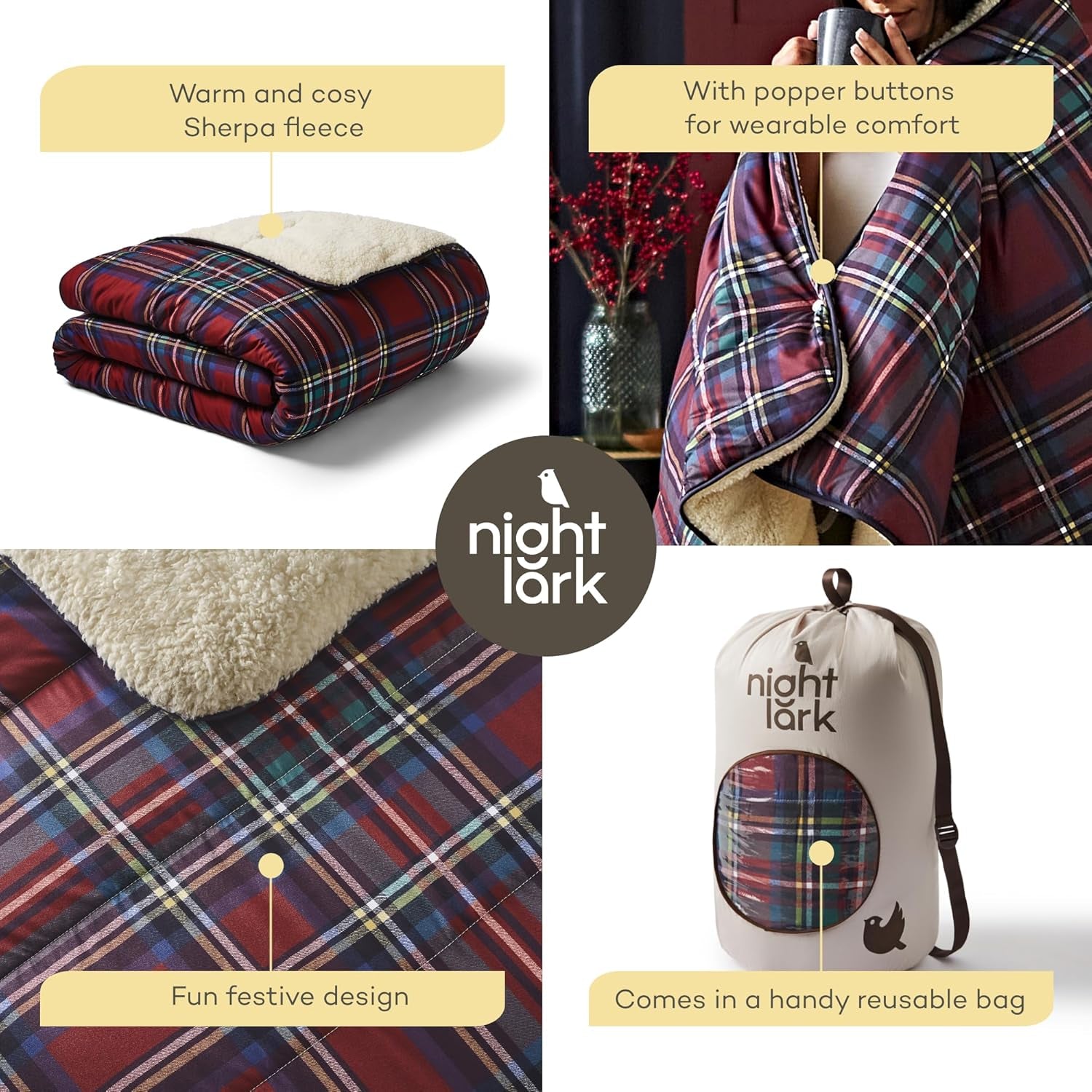 Przytulny koc z polaru Sherpa Night Lark, klasyczna czerwona krata, 9 tog, luksusowy, puszysty, gruby i dwustronny, idealny na kanapę, łóżko, kanapę, kanapę. Hipoalergiczny, można prać w pralce, rozmiar: łóżka i kołdry Night Lark