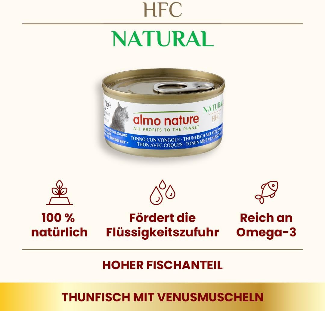Almo Nature HFC Naturalna mokra karma dla kotów - Tuńczyk z małżami, opakowanie 24 szt. (24 x 70g)