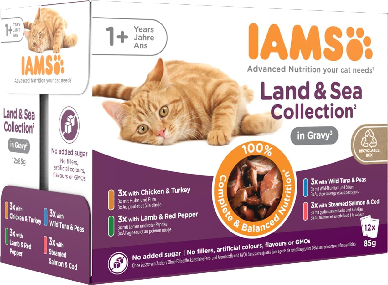 IAMS Delights Land & Sea Collection Mokra karma dla kotów - asortyment mięs i ryb Opakowanie zbiorcze w sosie, mokra karma dla kotów od 1 roku życia, 12 x 85 g