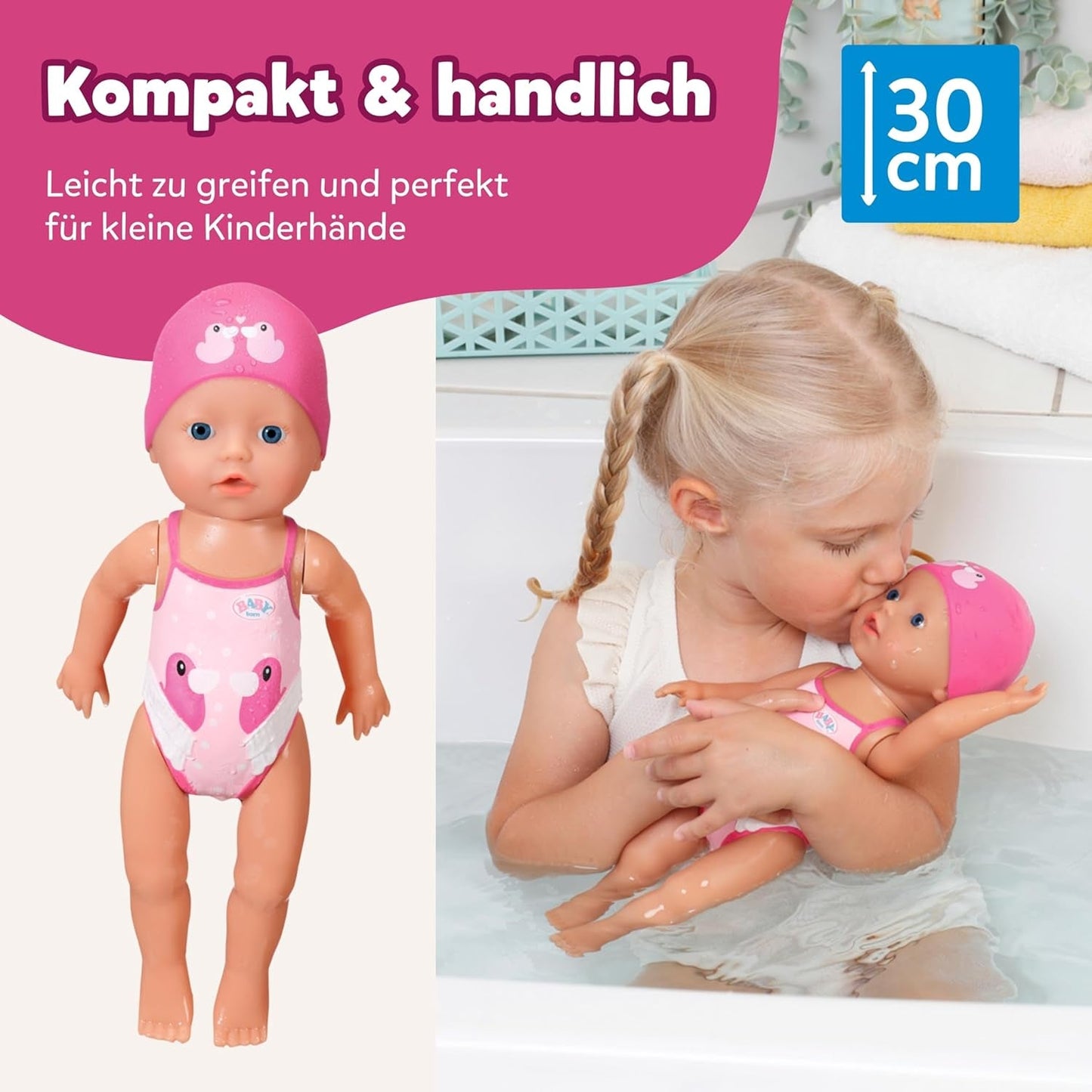 BABY Born Moja pierwsza pływaczka - Lalka 30 cm - Lalka do kąpieli z mechanizmem obrotowym, wodoodporna - Działa bez baterii - Odpowiednia dla dzieci od 1 roku życia
