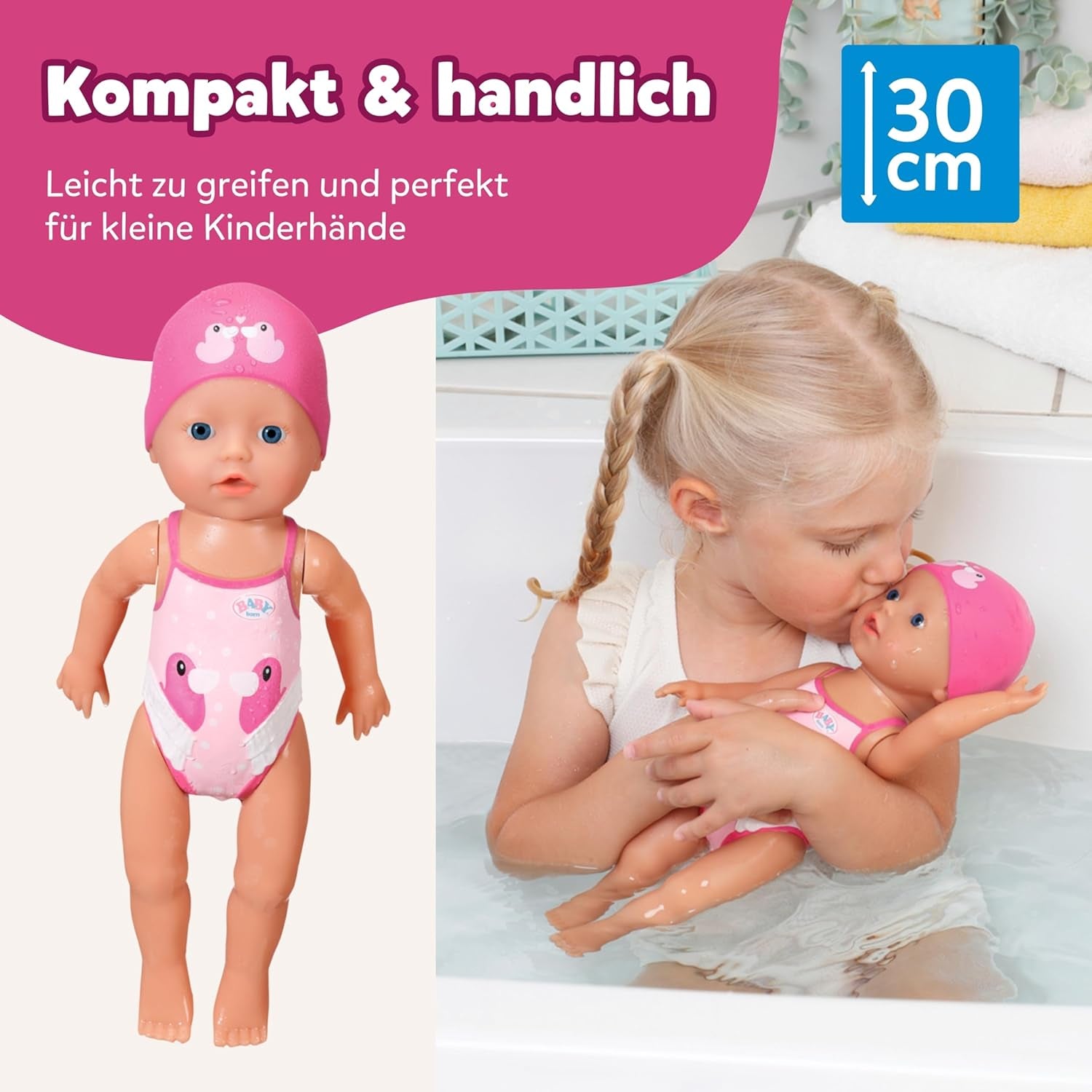 BABY Born Moja pierwsza pływaczka - Lalka 30 cm - Lalka do kąpieli z mechanizmem obrotowym, wodoodporna - Działa bez baterii - Odpowiednia dla dzieci od 1 roku życia