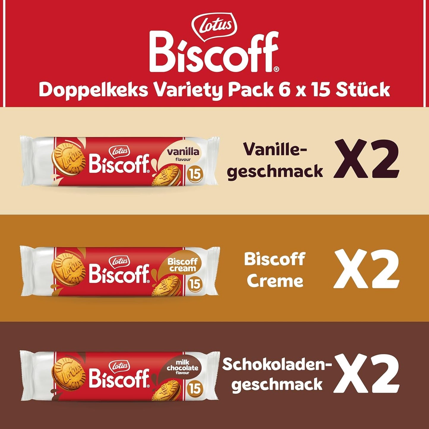 Lotos Biscoff | Pakiet odmian podwójnych ciastek | 3 odmiany | 2 pakiety na odmianę | 15 podwójnych ciastek w opakowaniu | Składniki pochodzenia naturalnego | Bez barwników | 6x150g | 900g