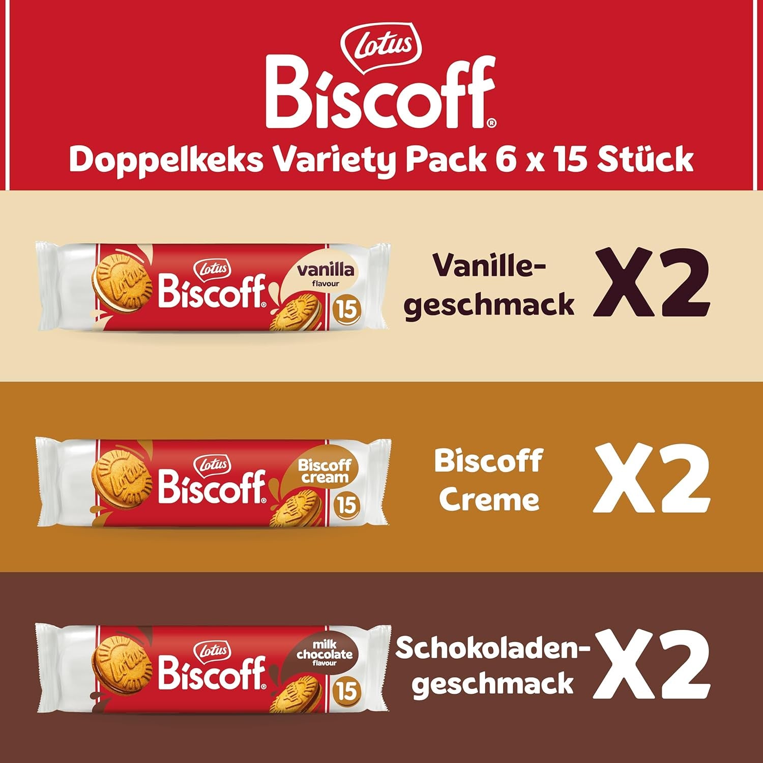 Lotos Biscoff | Pakiet odmian podwójnych ciastek | 3 odmiany | 2 pakiety na odmianę | 15 podwójnych ciastek w opakowaniu | Składniki pochodzenia naturalnego | Bez barwników | 6x150g | 900g