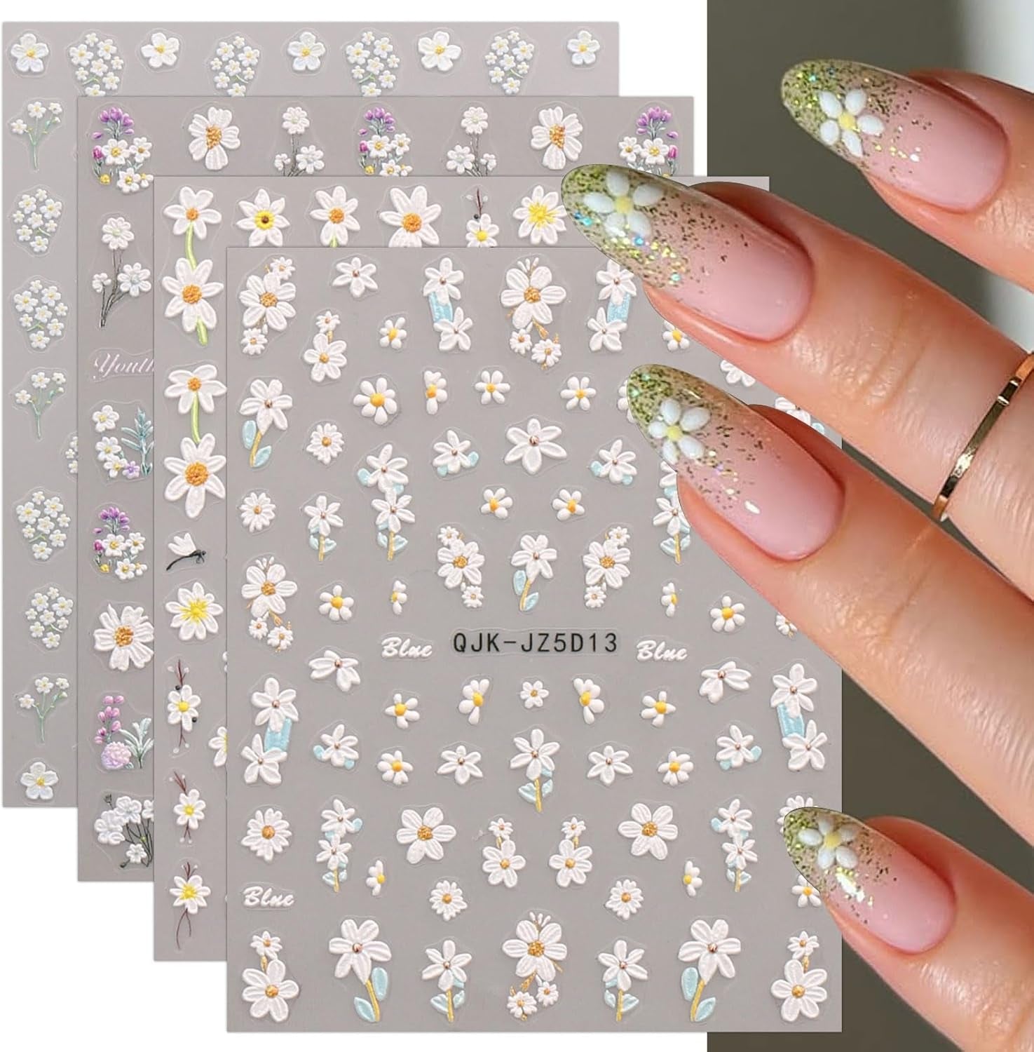JMEOWIO 3D Nagelsticker Blumen Nail Art Naklejka Selbstklebend Nagelaufkleber 5D Stereoskopisch Sommer Frühling Blumen Dekoration Nageldesign Zubehör 4 Blatt
