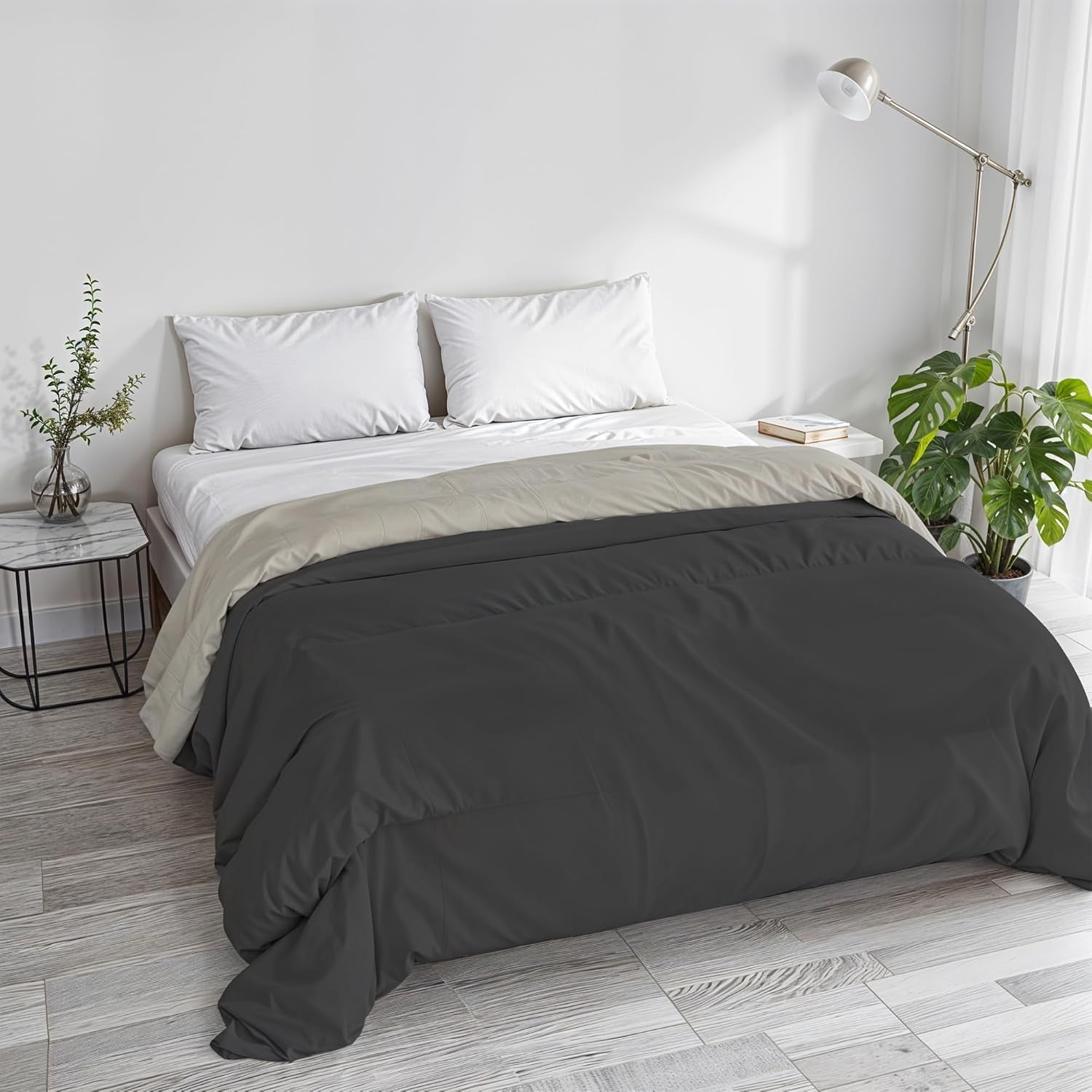 Podstawowa kołdra zimowa gładka z podszewką, ciemnozielona / kremowa, 200X245Cm Kołdry i kołdry Naty Shop Ciemnoszary/jasnoszary 250X245Cm