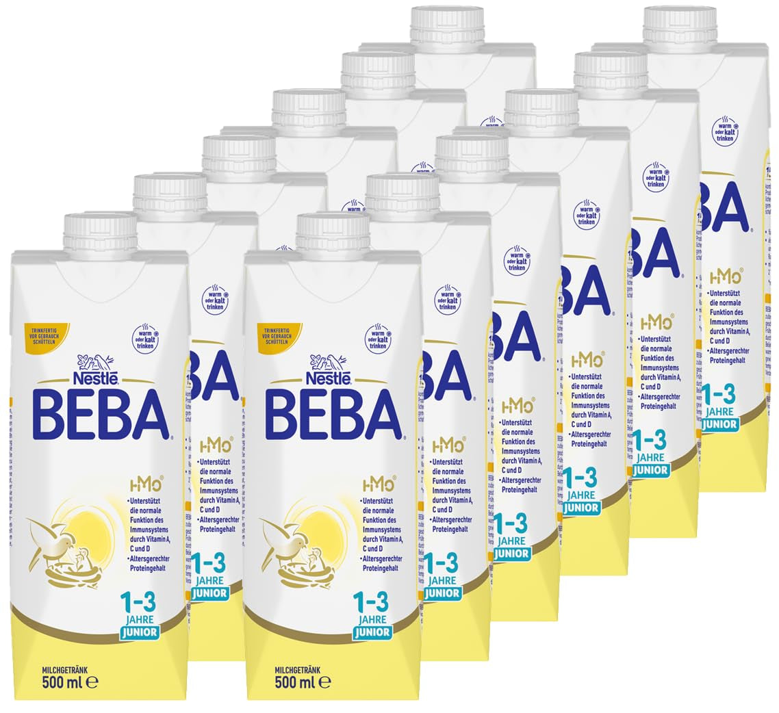 BEBA Junior Gotowy do spożycia napój mleczny dla dzieci 1-3 lat, z HMO, zawartość białka dostosowana do wieku, bez oleju palmowego, bez oleju rybnego, żywność dla małych dzieci, opakowanie 12 szt. (12 x 500 ml)