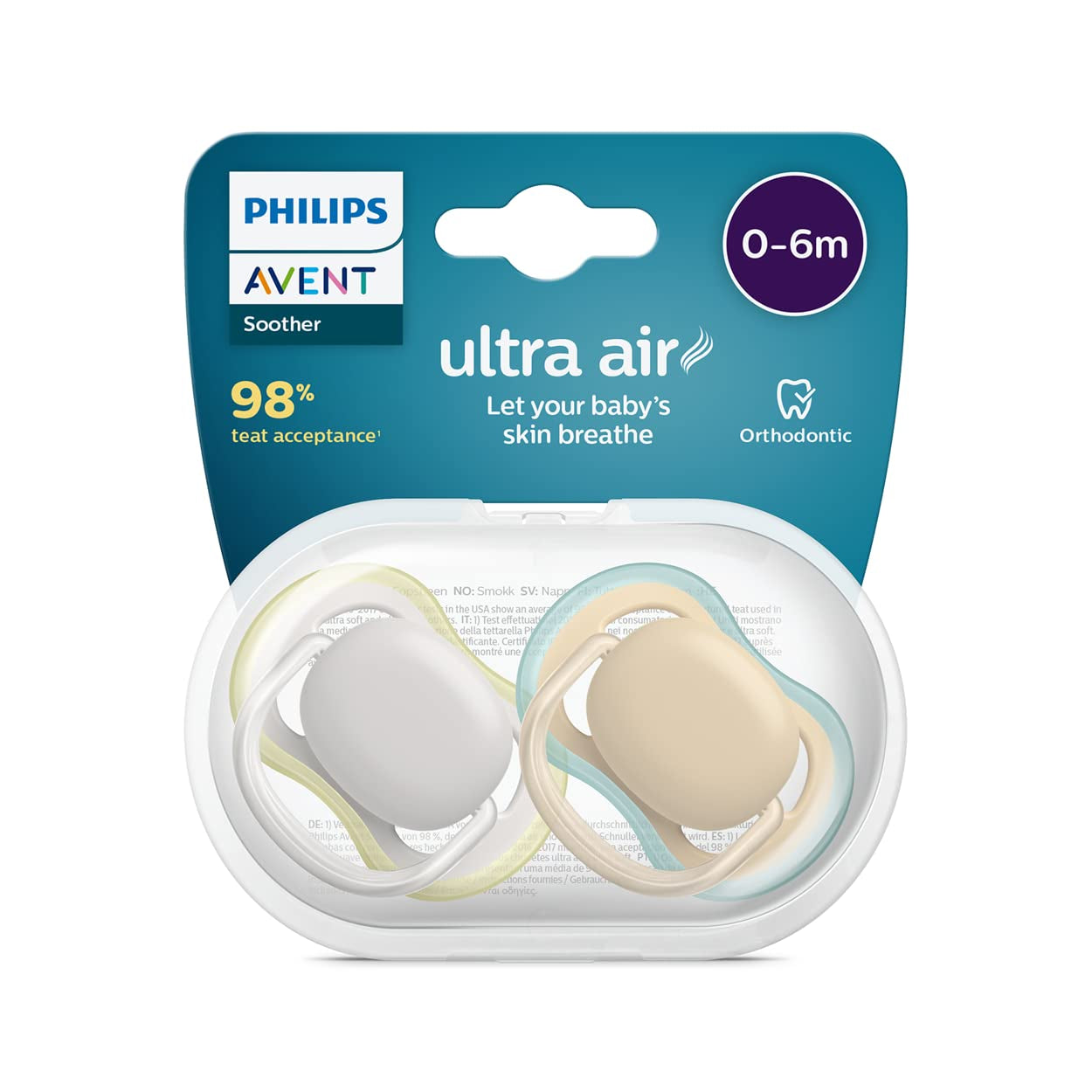 Zestaw 2 smoczków Philips Avent Ultra Air – Smoczki Bisfenol A dla dzieci w wieku 0–6 miesięcy (model SCF085/15) Brązowy/Zielony