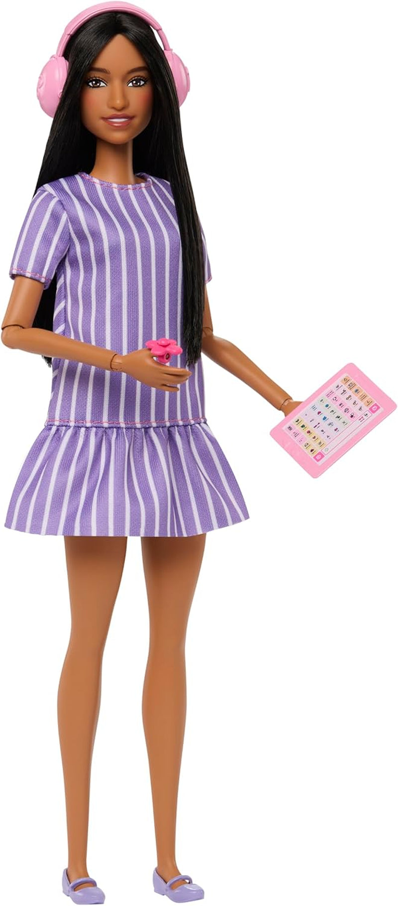 Lalka Barbie Fashionistas nr. 245, autystyczna lalka w fioletowej sukience w paski i akcesoriami takimi jak fidget spinner, tablet i słuchawki, JJN58