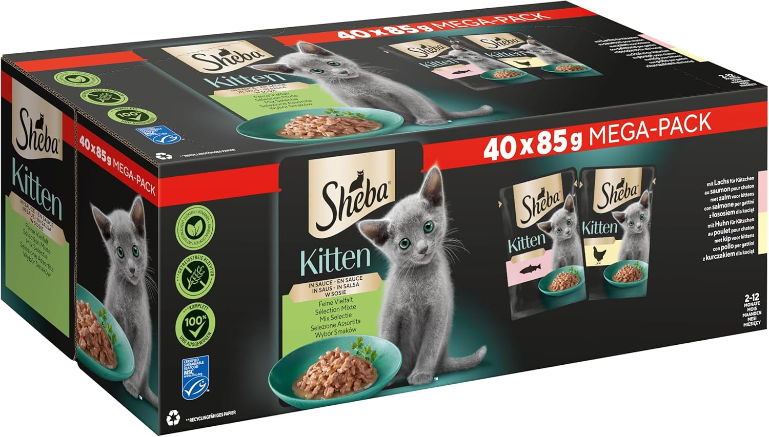 Sheba mokra karma dla kociąt, w różnych saszetkach, z łososiem (MSC) i kurczakiem w sosie, opakowanie zbiorcze 40x85g
