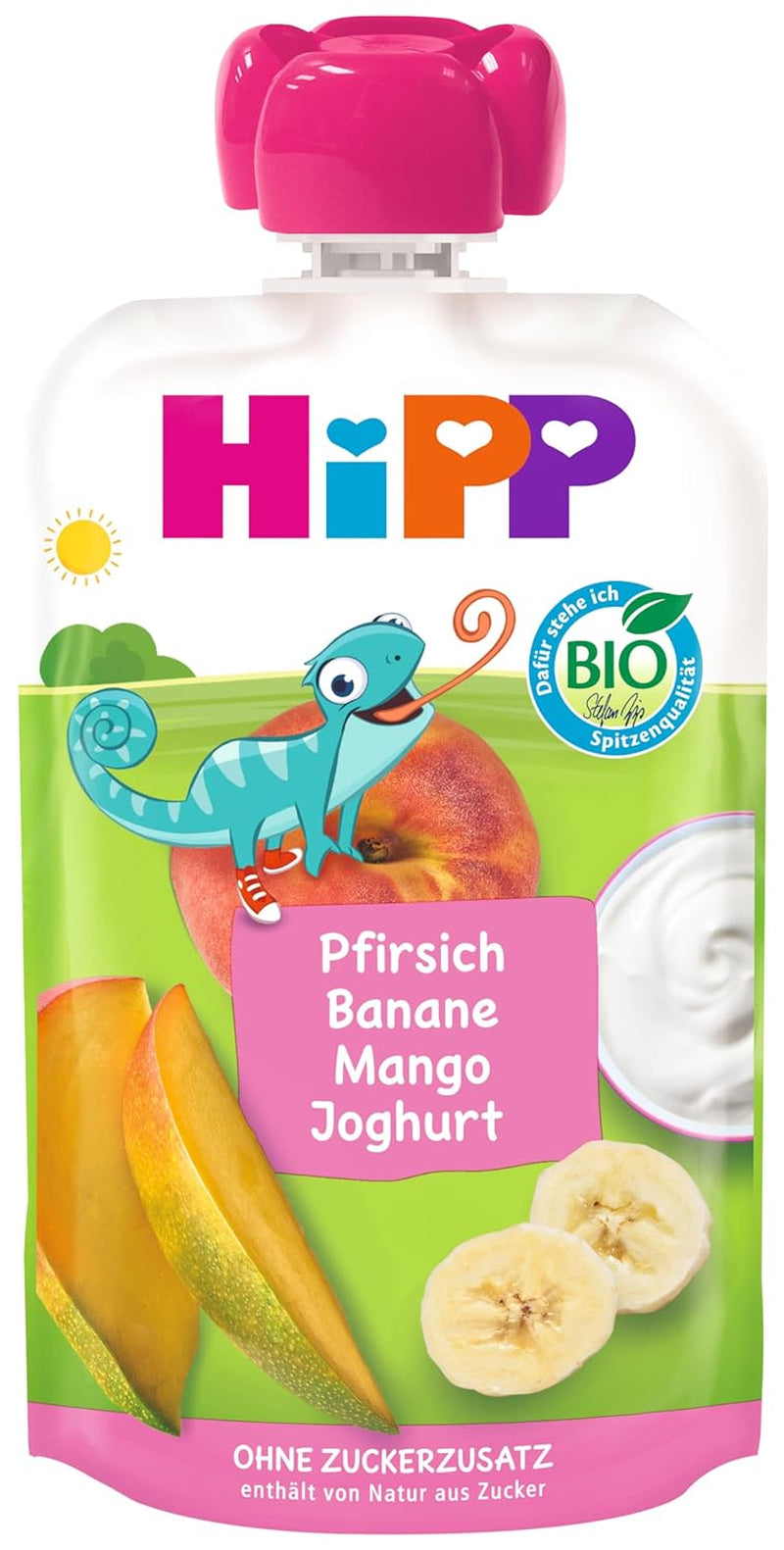 HiPP Peaches Bananas Mango with Jogurt, Torba kompresyjna od 1 roku, 8 x 100g