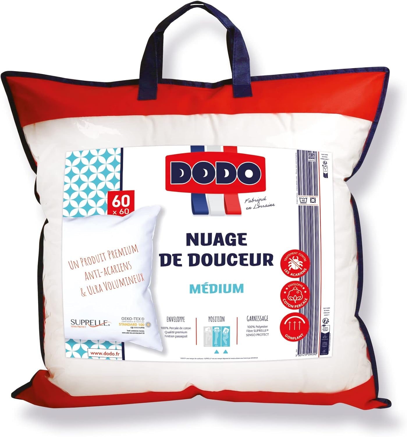 Poduszka DODO Premium, 60 x 60 cm, średni komfort, poduszka Cloud De Douceur | Roztocza i puszyste | Bawełna perkalowa + lamówka Można prać w pralce w temperaturze 40°C Poduszki standardowe Naty Shop
