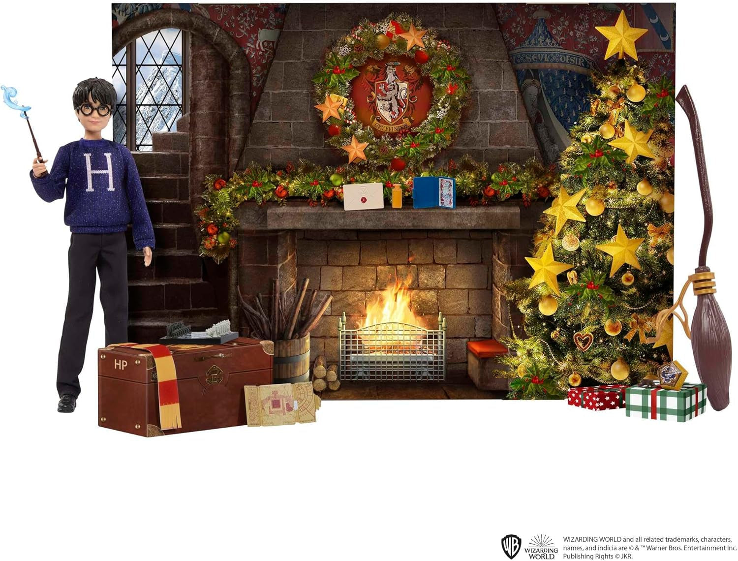 HARRY POTTER Kalendarz adwentowy Gryffindoru - 24 historie, magiczne niespodzianki, pokój wspólny w Hogwarcie, realistyczna twarz, dla fanów w wieku 6+, lalki HND80 Naty Shop