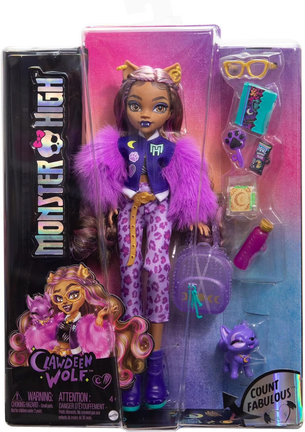Lalka Monster High Clawdeen Wolf z półksiężycem i akcesoriami, takimi jak tornister, kalendarz, przekąski i inne, HRP65