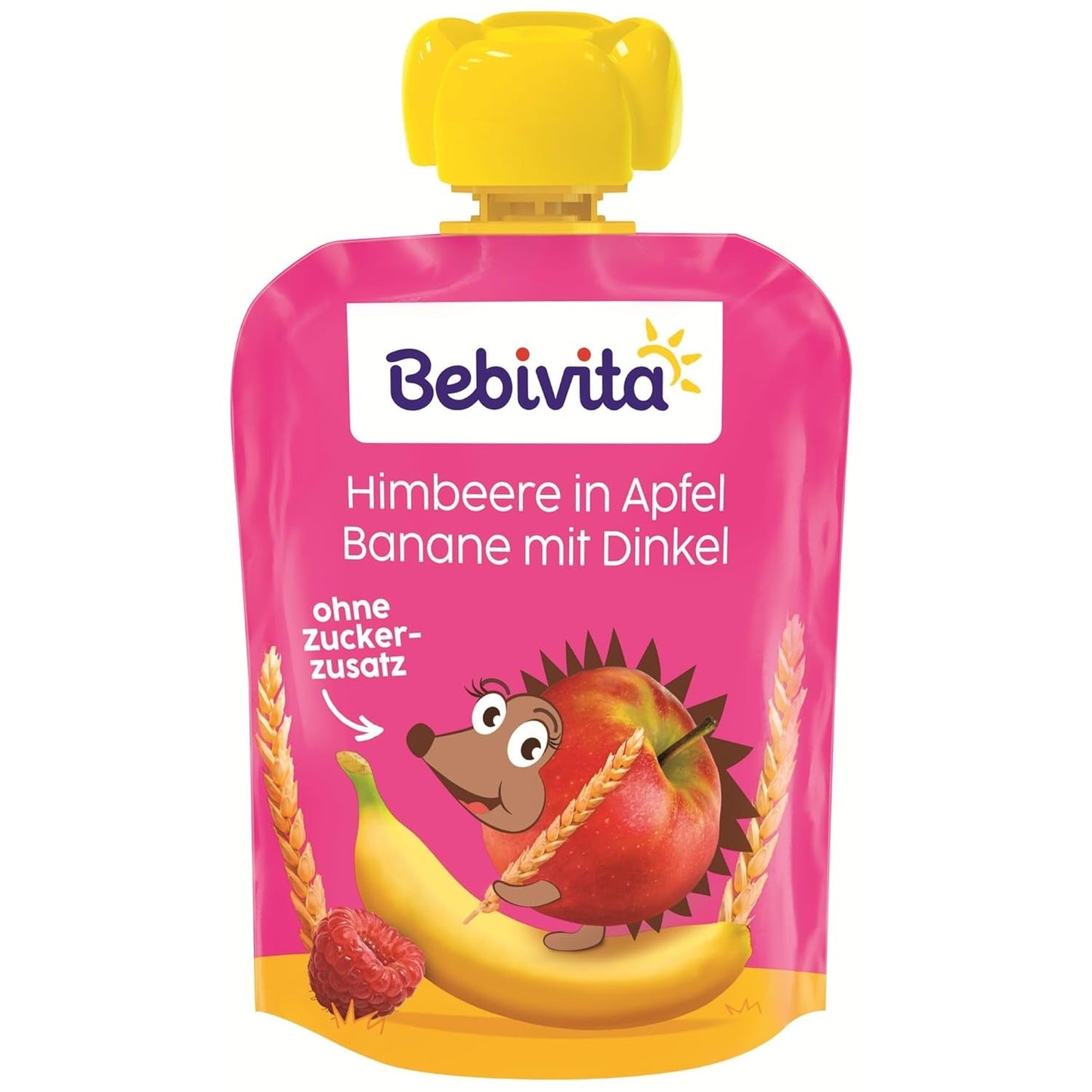 Saszetki wyciskane owoce, maliny, jabłka, banany i orkisz - 16 sztuk (opakowanie po 4 sztuki, 4 x 90 g), bez dodatku cukru, wykonane z miękkich owoców i pełnowartościowych ziaren, idealne do przekąsek na wynos i do spożycia własnego