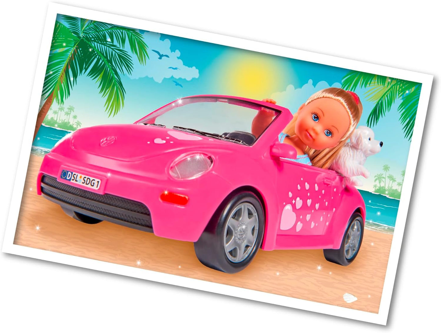 Simba 105731539 - Evi Love Beetle Evi's, Evi z samochodem, samochód: 22 cm, z psem, modną lalką, 12 cm, dla dzieci od 3 lat