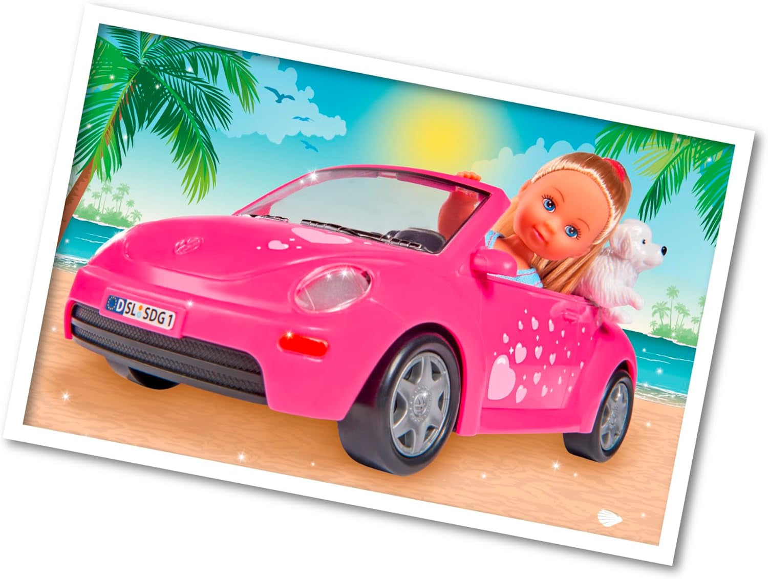 Simba 105731539 - Evi Love Beetle Evi's, Evi z samochodem, samochód: 22 cm, z psem, modną lalką, 12 cm, dla dzieci od 3 lat
