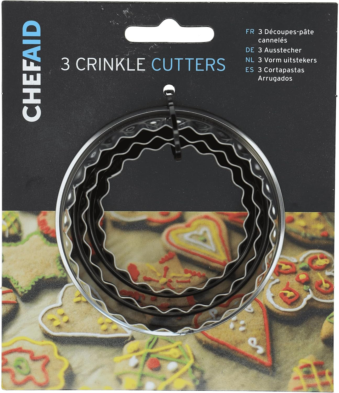 Zestaw 3 foremek do ciastek Chef Aid: herbatniki, bułeczki, ciasta, mini quiche i foremki do ciastek z ciasta, idealne do domowych wypieków, dekorowania ciast, kremówki, karbowane krążki ze stali nierdzewnej.