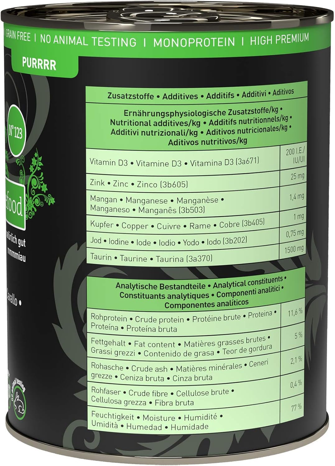 Mokra karma dla kotów Catz Finefood Purrrr Horse Monoprotein no. 123, dla kotów z wrażliwym układem trawiennym, zawartość mięsa 70%, 6 pudełek x 400 g
