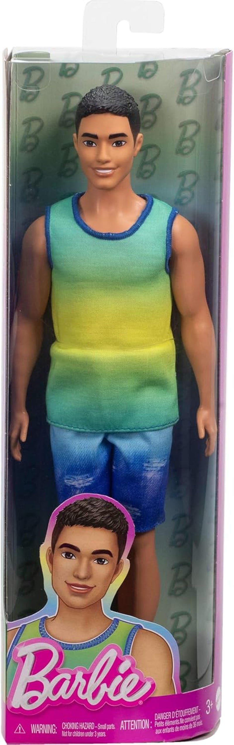 Lalka Ken Barbie Fashionistas nr. 236 z czarnymi włosami, turkusowym podkoszulkiem w kolorze ombré, dżinsowymi spodenkami i srebrnymi tenisówkami, HYV00
