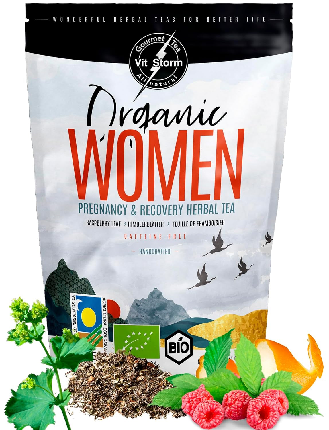 VITSTORM® BIO TEE Mom & Kids - Herbata dla kobiet i karmiących piersią - Rooibos, jabłko, koper włoski, melisa, alchemilla, truskawka - Herbata relaksująca - Owocowa i pyszna - Bez kofeiny - Herbata ziołowa 100 g