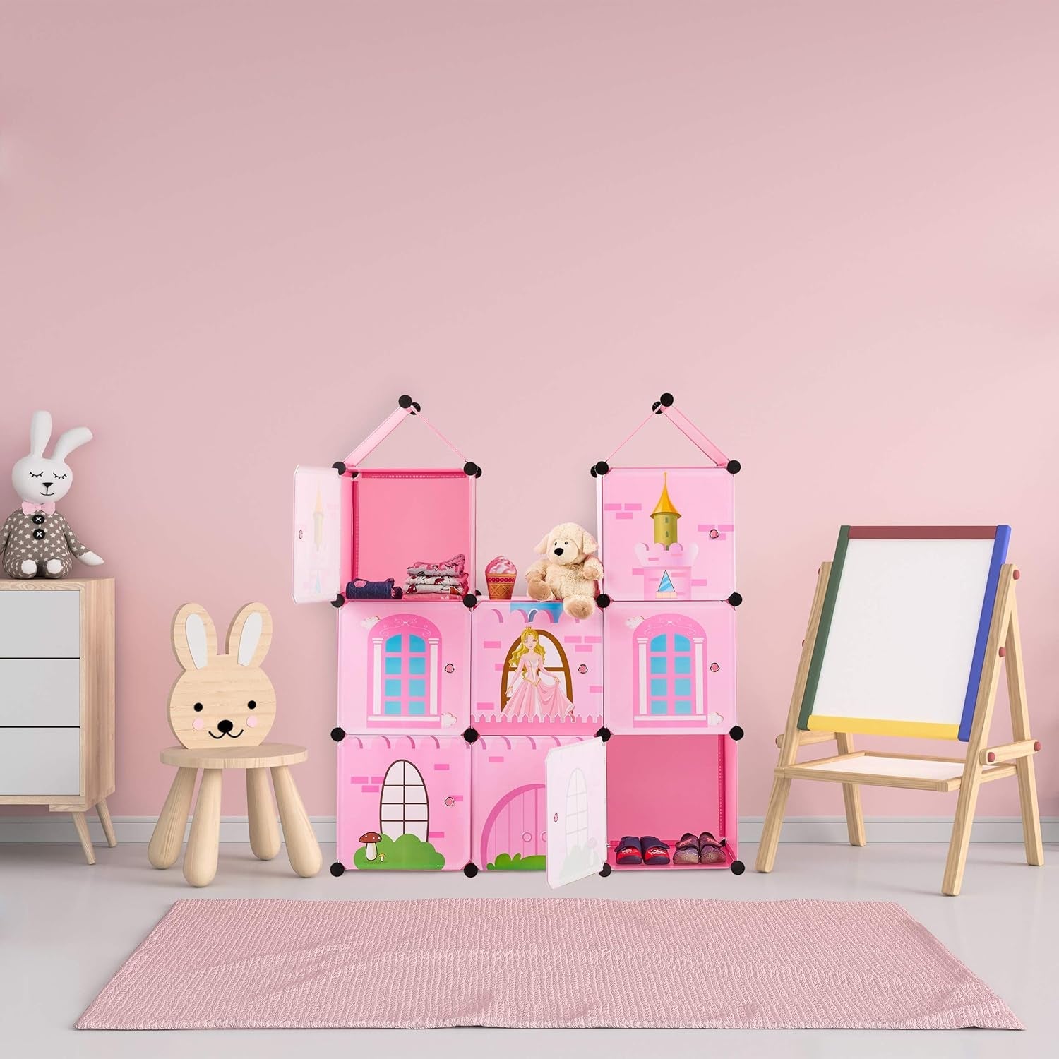 Półka modułowa Relaxdays do pokoju dziecięcego, wzór zamku księżniczki, plastik, szafka DIY z drzwiami, HL: 128 x 110 x 37 cm, różowy