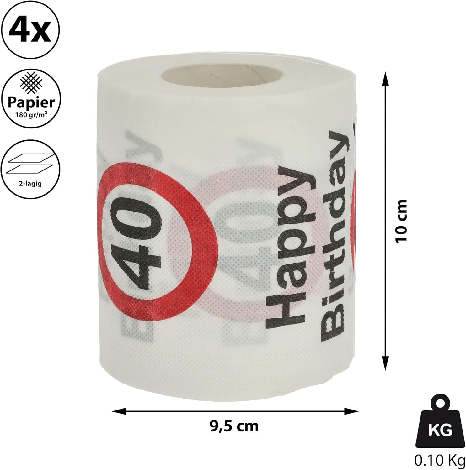 Zestaw 4 papierów toaletowych „Wszystkiego najlepszego z okazji 40. urodzin” │40. urodziny 24 metry 2-tkaniny 180Gr/m2 │ Papier toaletowy z motywem papieru toaletowego (4 X papier toaletowy 40)