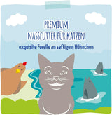 MjAMjAM - Mokra karma premium dla kotów - Rafinowany pstrąg z soczystym kurczakiem, opakowanie 6 sztuk (6 x 400g), bez zbóż