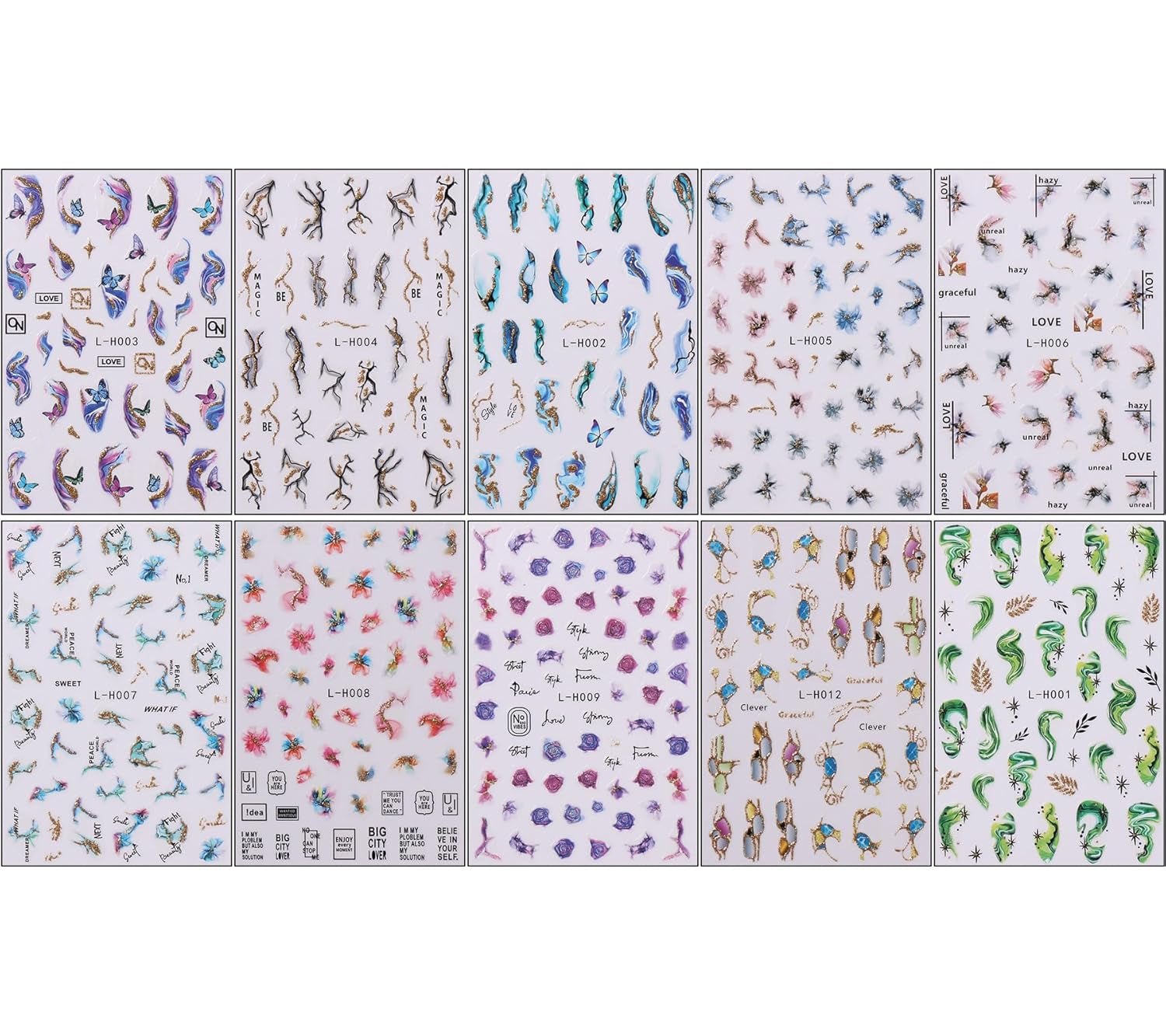 JMEOWIO Nagelsticker Marmor Französische Spitze 10 Blatt Nail Art Naklejka Selbstklebend Nagelaufkleber Bunt Dekoration Nageldesign Zubehör