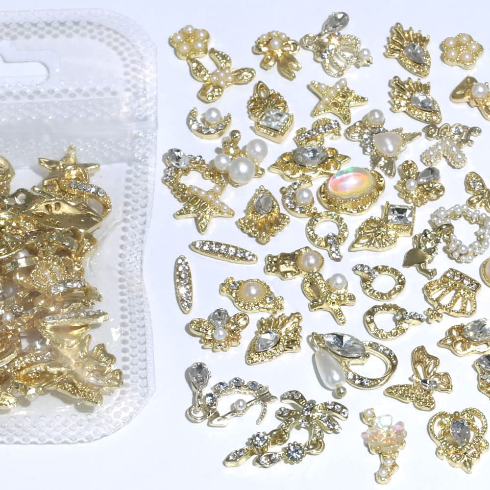 50 szt. złotych zawieszek do paznokci, mieszane style Glitzersteine ​​​​Nägel Perle Legierung Nagel Steine ​​Blume Schmetterling Strasssteine ​​Nägel Herz Stern Nagel Charms DIY Nail Art Zubehör Frauen Nägel Deko