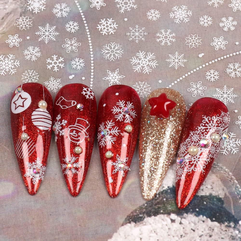 JMEOWIO Nagelsticker Weihnachten 8 Blatt Nagelaufkleber Selbstklebend Weiße Schneeflocken Zimowe naklejki do paznokci Dekoration Nageldesign Zubehör