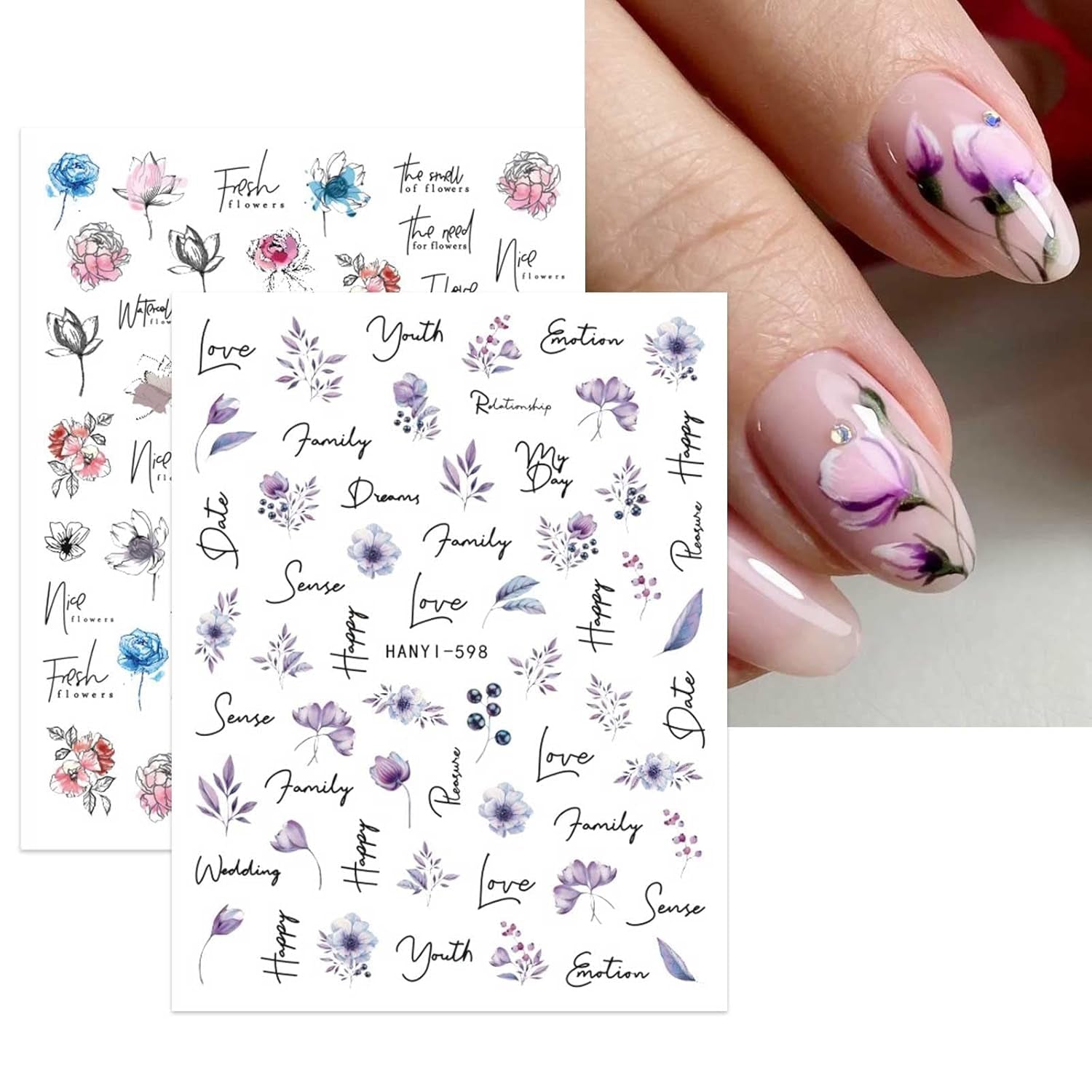 JMEOWIO Nagelsticker Frühling Blumen 10 Blatt Nail Art Naklejka Selbstklebend Nagelaufkleber Buntes Sommer Blumen Dekoration Nageldesign Zubehör