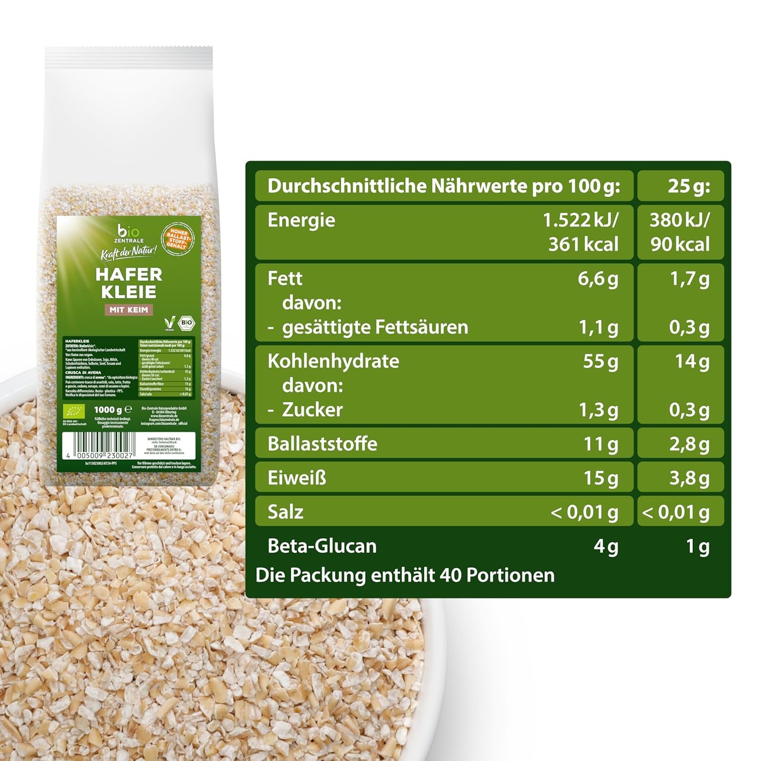 Biocentralne organiczne otręby owsiane 1 kg | Korzystny pakiet | Źródło białka o wysokiej zawartości błonnika | Naturalnie wegańskie | Z rolnictwa UE | Niska zawartość cukru