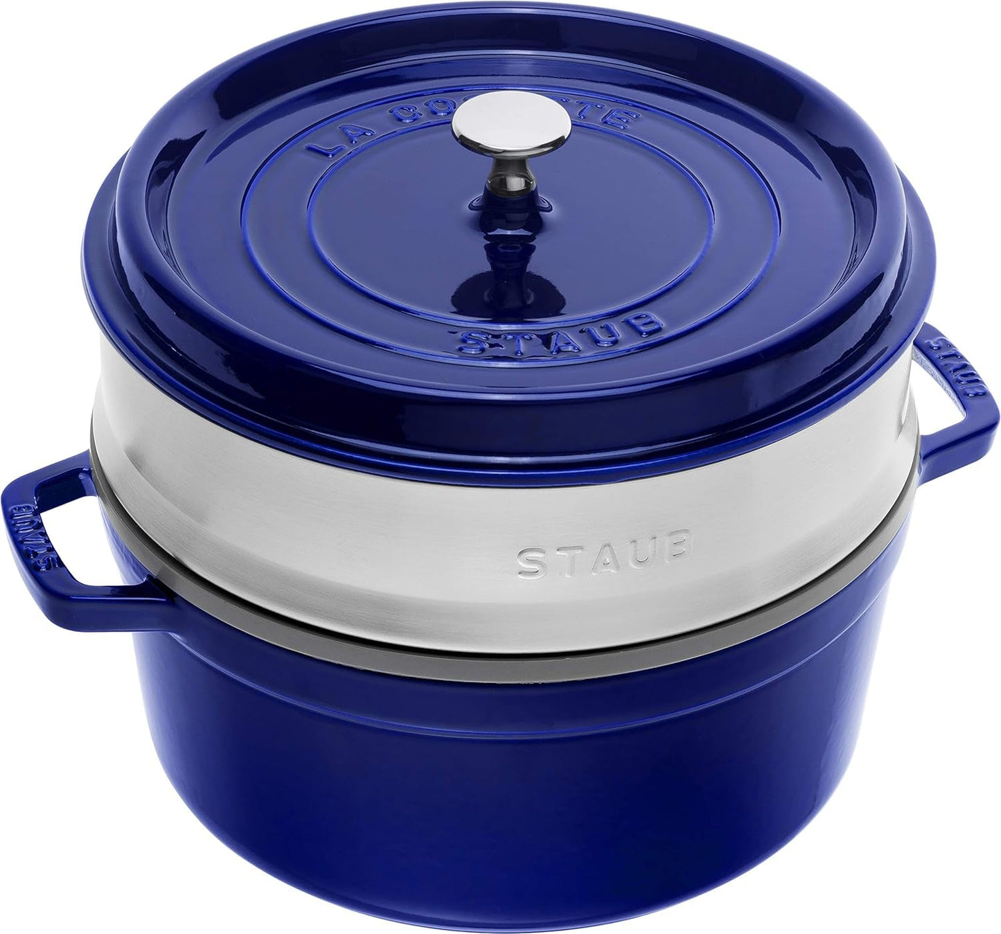 STAUB Gusseisen Bräter/Cocotte, Mit Dämpfeinsatz Aus Edelstahl, Rund 26 Cm, 5,2 L, Aromaregen Funktion Für Optimale Befeuchtung, Für Alle Herdarten Inkl. Indukcja i Backofen, Kirschrot, Rot Formy i blachy do pieczenia Naty Shop Dunkelblau