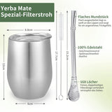 Kubek Modern Mate o pojemności 340 ml, zestaw izolowanych kubków do Yerba Mate o podwójnych ściankach ze stali nierdzewnej, kubek do herbaty Mate z pokrywką niezawierającą BPA, bombille i szczoteczka do czyszczenia (srebrna)