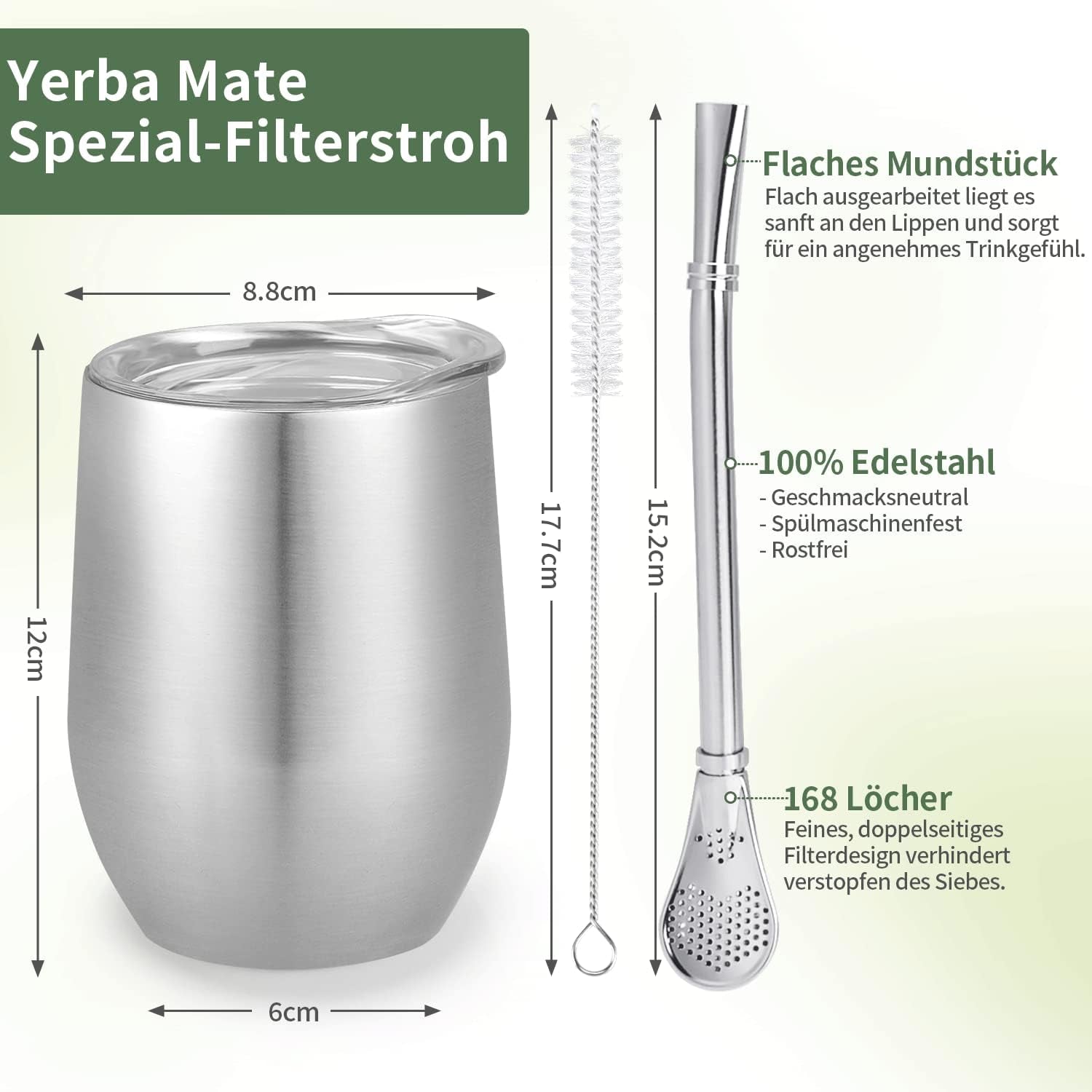 Kubek Modern Mate o pojemności 340 ml, zestaw izolowanych kubków do Yerba Mate o podwójnych ściankach ze stali nierdzewnej, kubek do herbaty Mate z pokrywką niezawierającą BPA, bombille i szczoteczka do czyszczenia (srebrna)