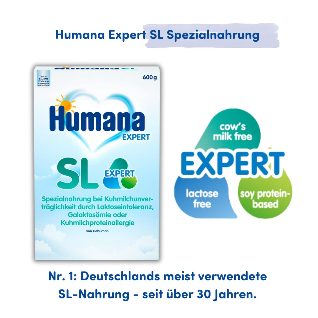 Humana SL Expert, od urodzenia, specjalna formuła na nietolerancję mleka krowiego spowodowaną nietolerancją laktozy, galaktozemią lub alergią na białko mleka krowiego, dla niemowląt i małych dzieci, 600g