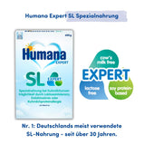 Humana SL Expert, od urodzenia, specjalna formuła na nietolerancję mleka krowiego spowodowaną nietolerancją laktozy, galaktozemią lub alergią na białko mleka krowiego, dla niemowląt i małych dzieci, 600g