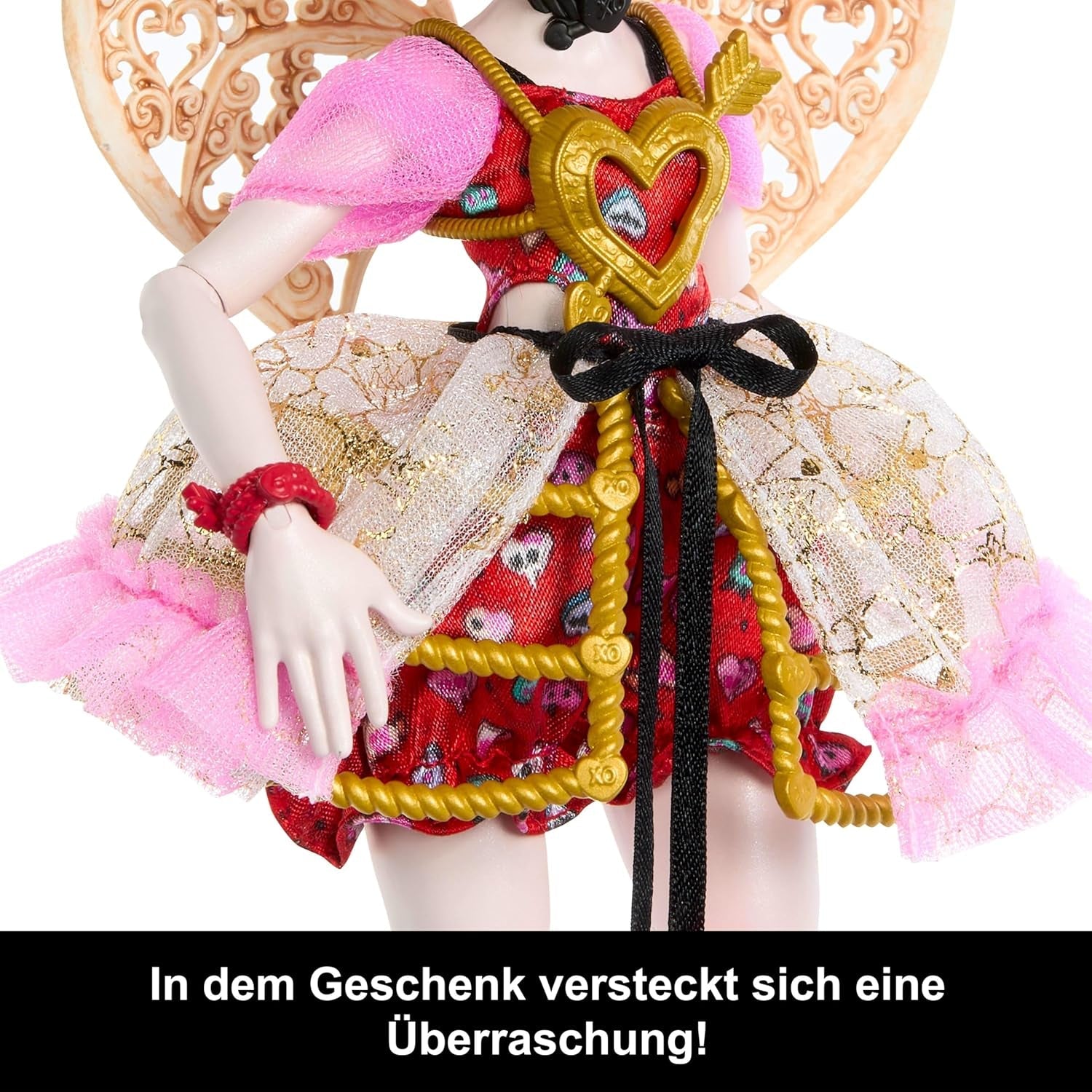 Straszna lalka Monster High Sweet Birthday Cupid Asteria w różowej i czerwonej sukience imprezowej z akcesoriami tematycznymi, takimi jak zaproszenie, balon, prezent i nie tylko, JBG77