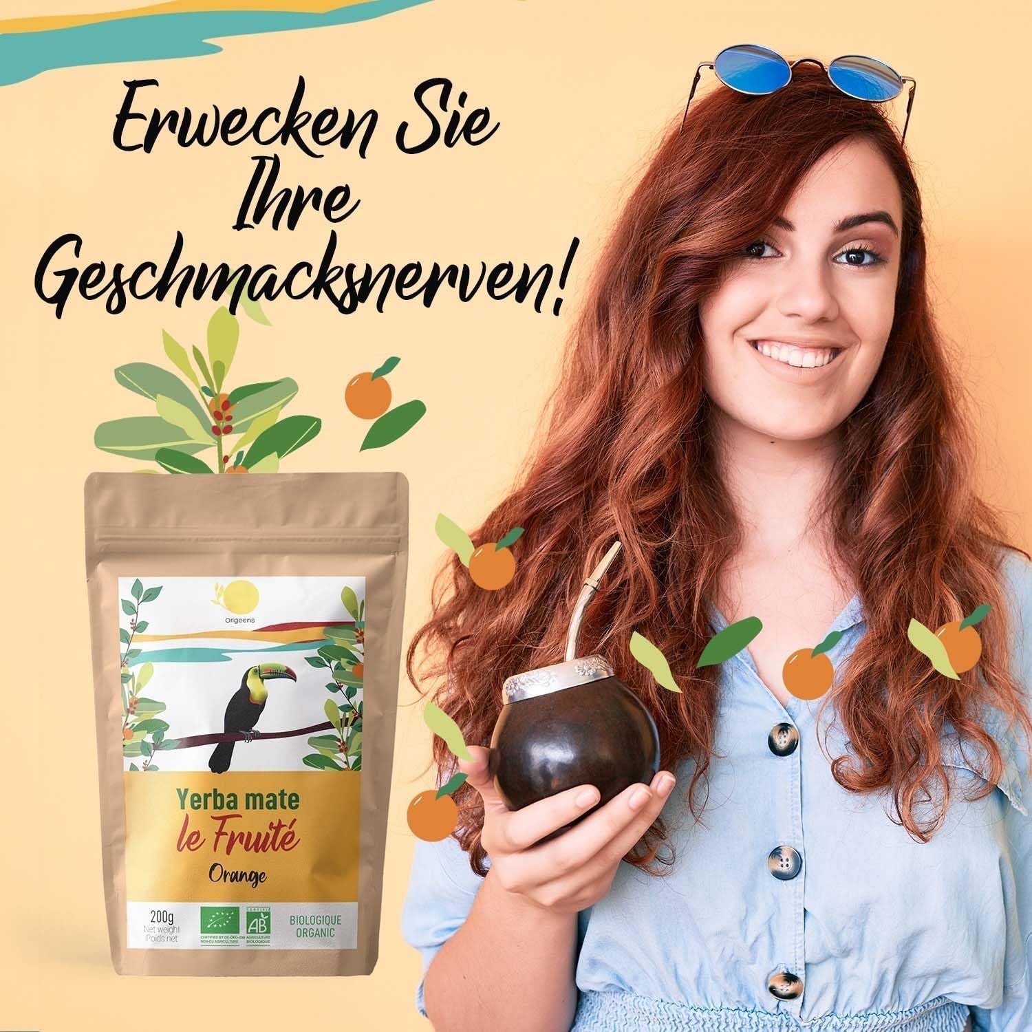 ORIGEENS BIO YERBA MATE z pomarańczami 200 G - Herbata owocowa I Organiczna niepalona Yerba Mate herbata bez szypułek i pyłu I Napój energetyzujący i detoksykujący