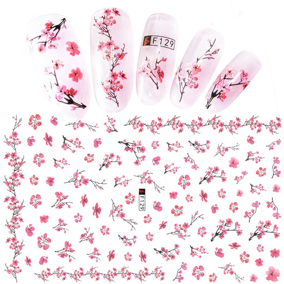 JMEOWIO Nagelsticker Frühling Blume 9 Blatt Nagelaufkleber Selbstklebend Rosa Blüte Nail Art Naklejka Dekoration Nageldesign Zubehör