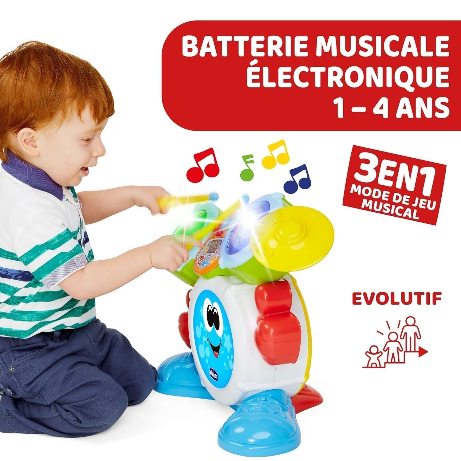 Chicco 00009820100000 Mi First Drum Set ze światłami i dźwiękami, 3 tryby gry Instrument muzyczny z baterią dla dzieci, wielokolorowy, duży Jucarii Bebe Naty Shop